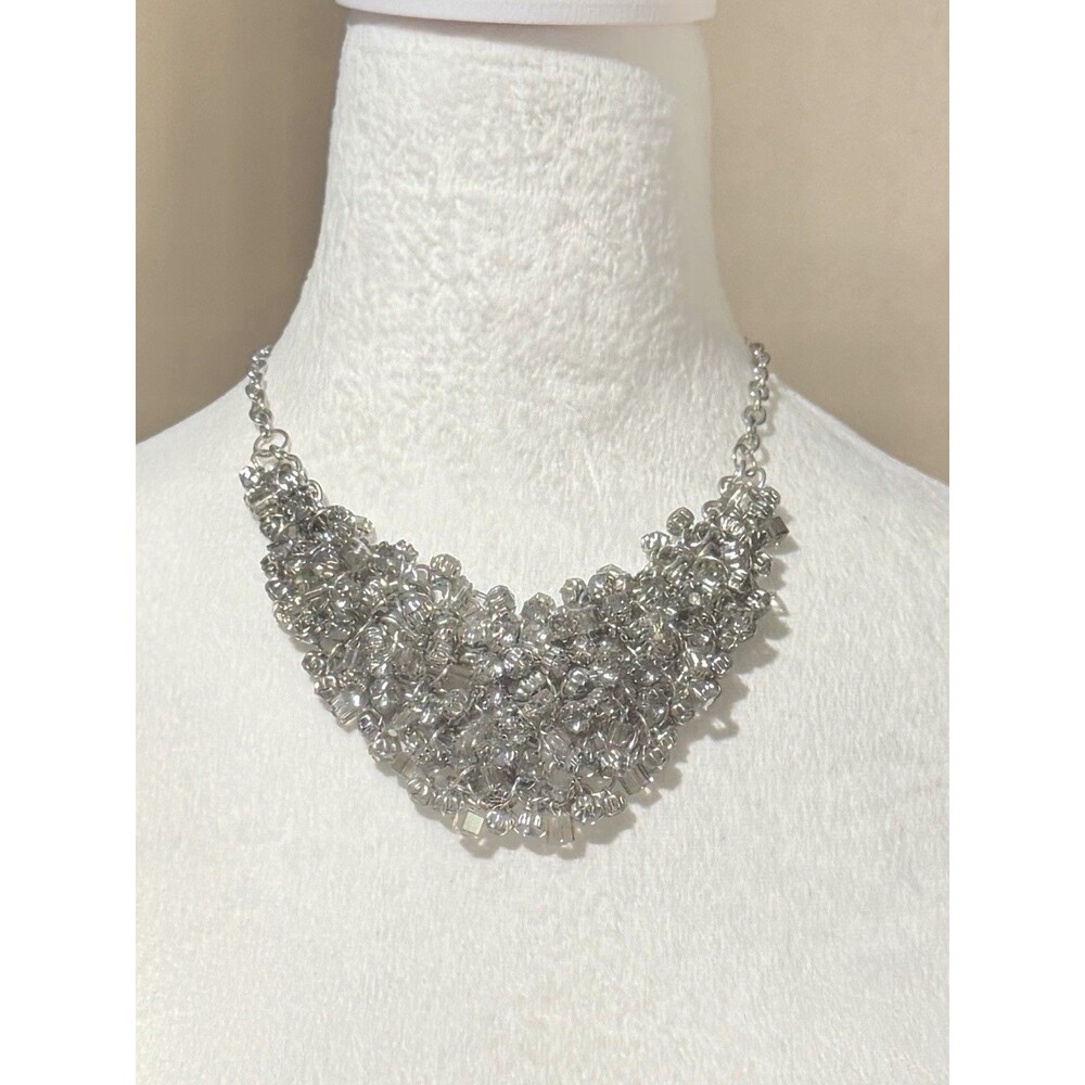 Vintage Chunky Multi Strand Glass Bead Rhinestone Statement Cluster Necklace Bib